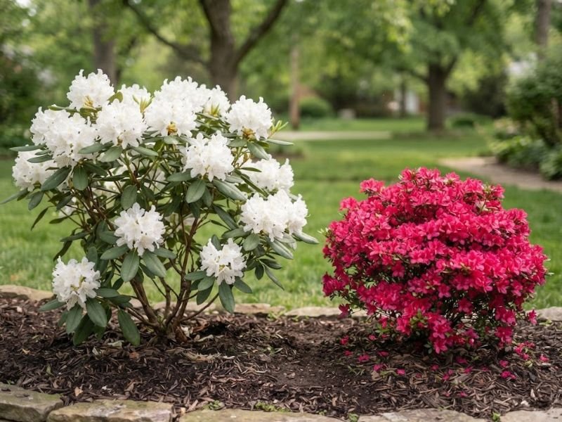 Rododendro ao lado de azaleia florida em comparação no jardim