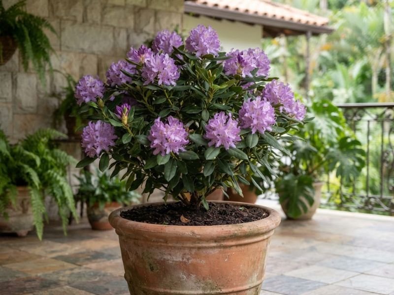 Rododendro compacto cultivado em vaso grande com flores e folhas saudáveis