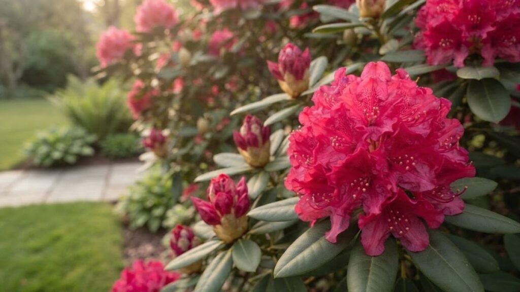 Flores de rododendro rosa em destaque com botões e folhagem ao fundo