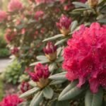 Flores de rododendro rosa em destaque com botões e folhagem ao fundo
