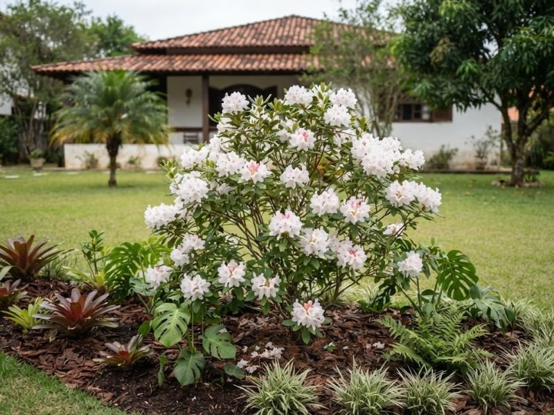 Rododendro florido em jardim residencial bem cuidado