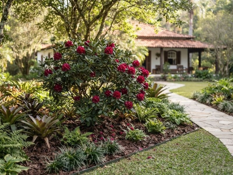 Rododendro florido em destaque em canteiro de jardim residencial