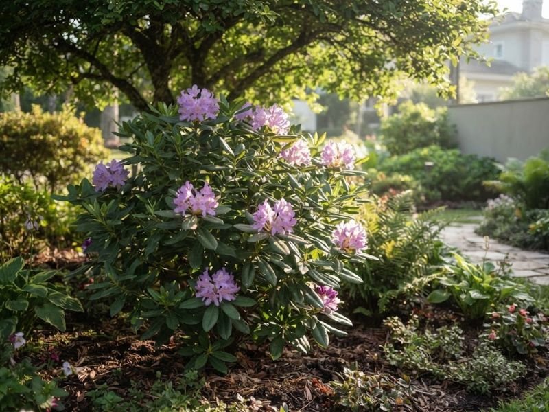 Rododendro cultivado em local com luz suave e meia-sombra