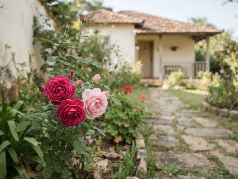 Roseira com flores rosas em jardim brasileiro com casa antiga desfocada ao fundo.