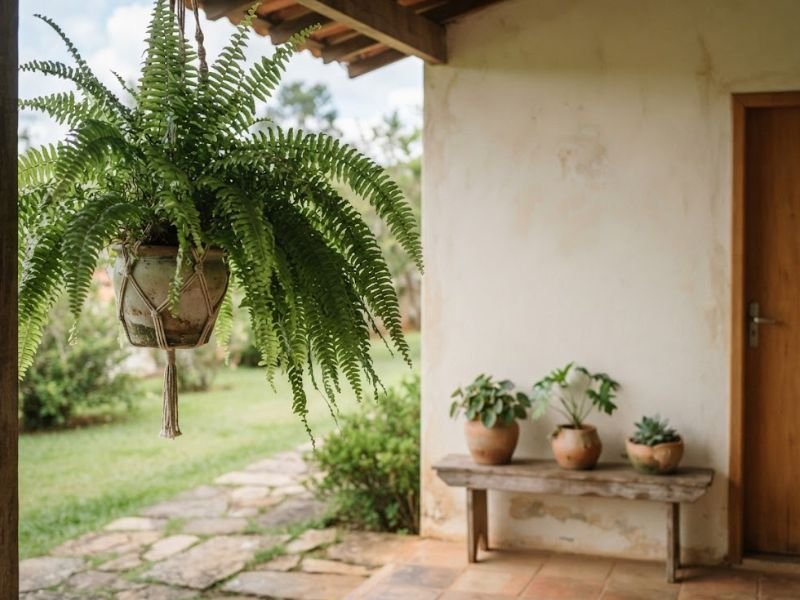 Samambaia grande e pendente em varanda de casa brasileira com vasos de barro.