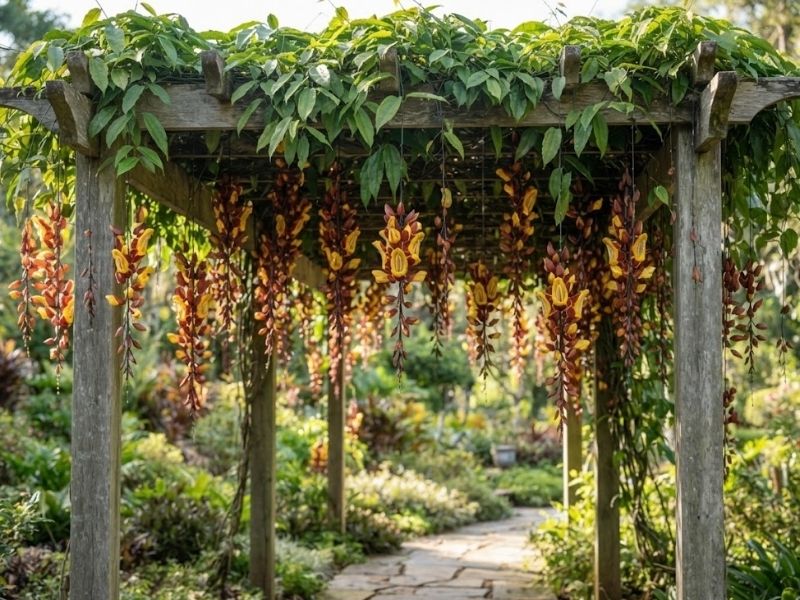 Pergolado alto coberto por sapatinho de judia com numerosos cachos florais pendentes