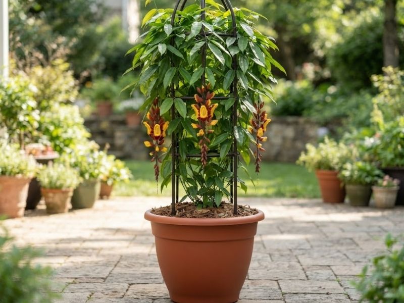 Sapatinho de judia cultivado em vaso grande com treliça metálica alta no jardim