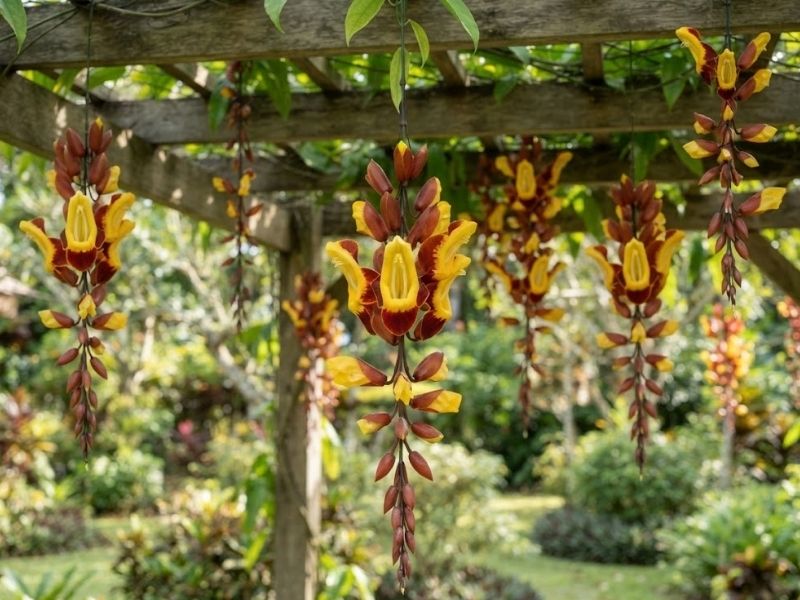 Cachos do sapatinho de judia com flores amarelas e vinho pendendo do pergolado