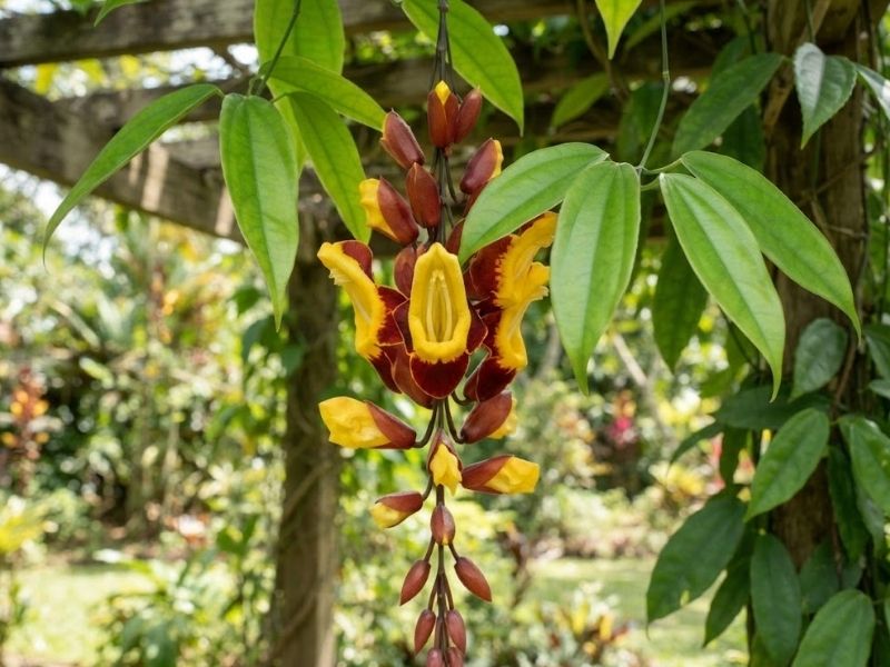 Cacho de sapatinho de judia cultivado como planta ornamental sobre pergolado no jardim