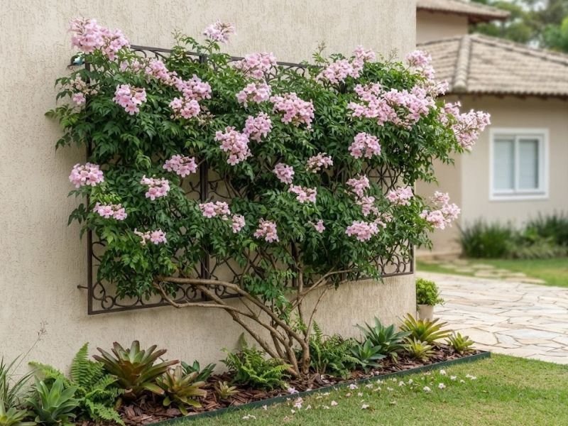 Trepadeira sete léguas conduzida em treliça instalada junto ao muro de jardim residencial.