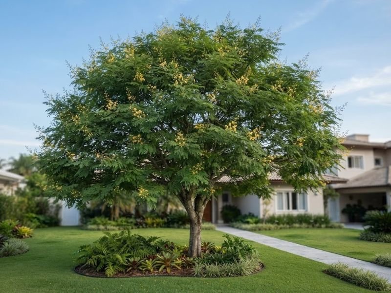 Árvore adulta saudável com copa verde e pequenos cachos de flores amarelas.