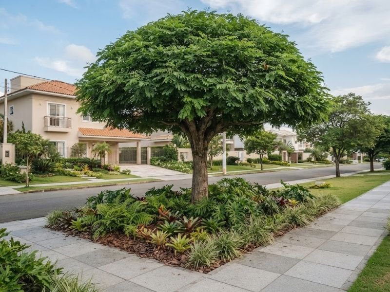 Árvore de grande porte plantada em canteiro amplo junto a uma calçada residencial.