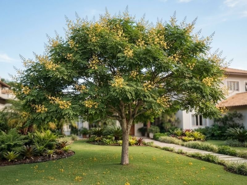 Árvore com pequenas flores amarelas distribuídas entre a folhagem verde na primavera.