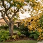 Ramo de sibipiruna com flores amarelas em destaque diante de jardim residencial.