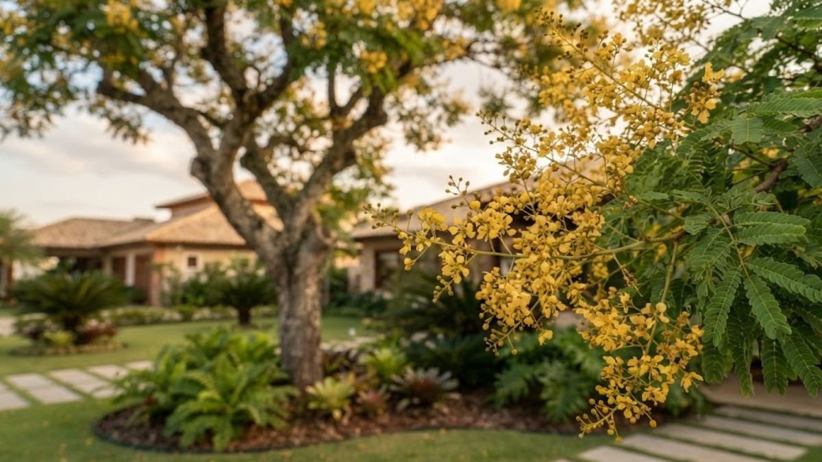 Ramo de sibipiruna com flores amarelas em destaque diante de jardim residencial.