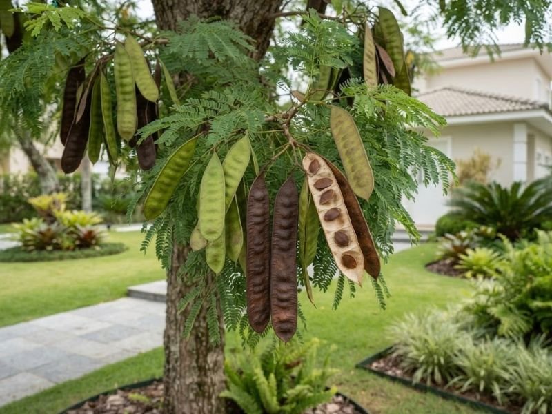 Vagens verdes e marrons de sibipiruna em ramo com uma vagem aberta mostrando sementes.
