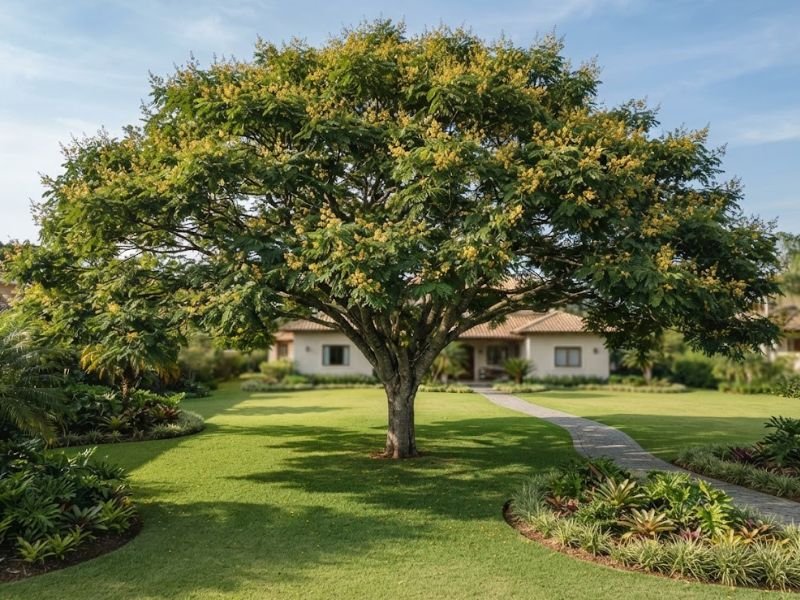 Árvore adulta com copa ampla e flores amarelas em jardim residencial espaçoso.