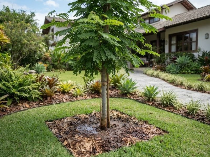Muda jovem de árvore ornamental com tutor em jardim bem cuidado.