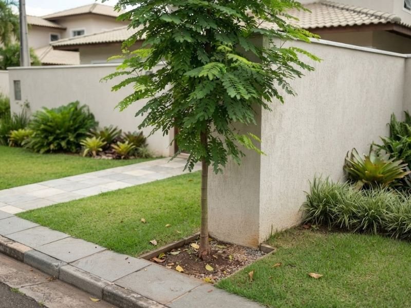 Muda de árvore plantada muito próxima de muro e calçada em espaço reduzido.