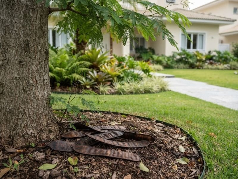 Vagens secas caídas naturalmente junto ao tronco de uma árvore no jardim.