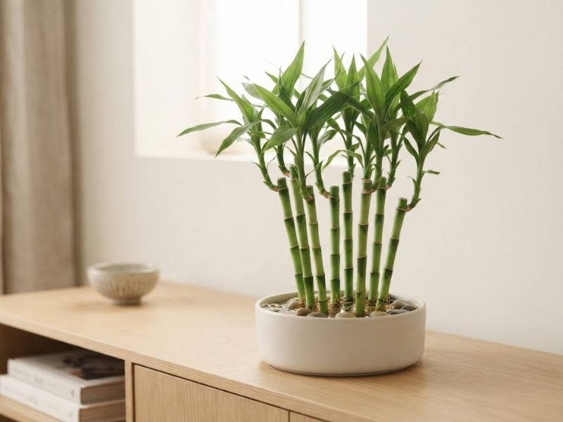 Arranjo de bambu da sorte com várias hastes em ambiente interno claro