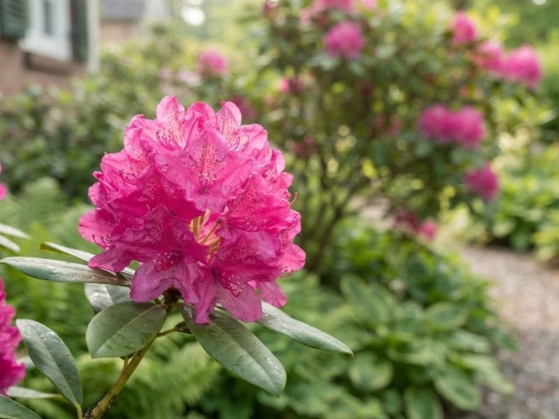 Inflorescência rosada de rododendro em destaque no jardim