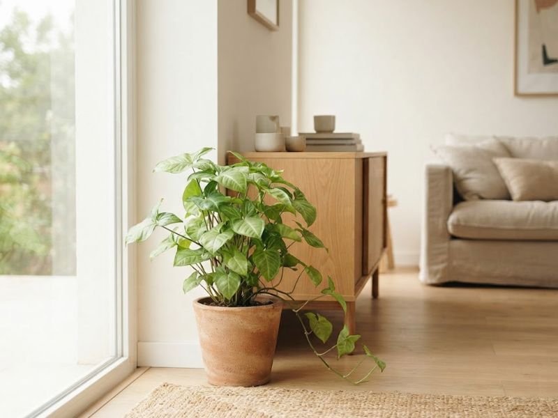 Singônio cultivado dentro de sala clara próximo a uma grande janela