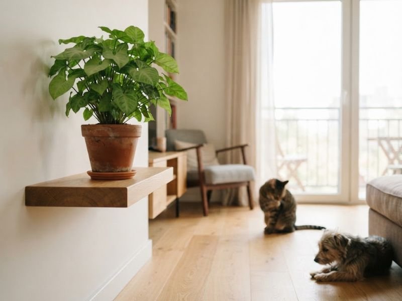 Singônio mantido em local elevado e afastado de cão e gato dentro de casa