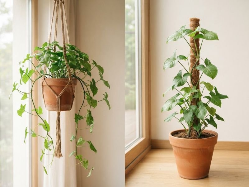Singônio cultivado como planta pendente e conduzido como trepadeira em tutor