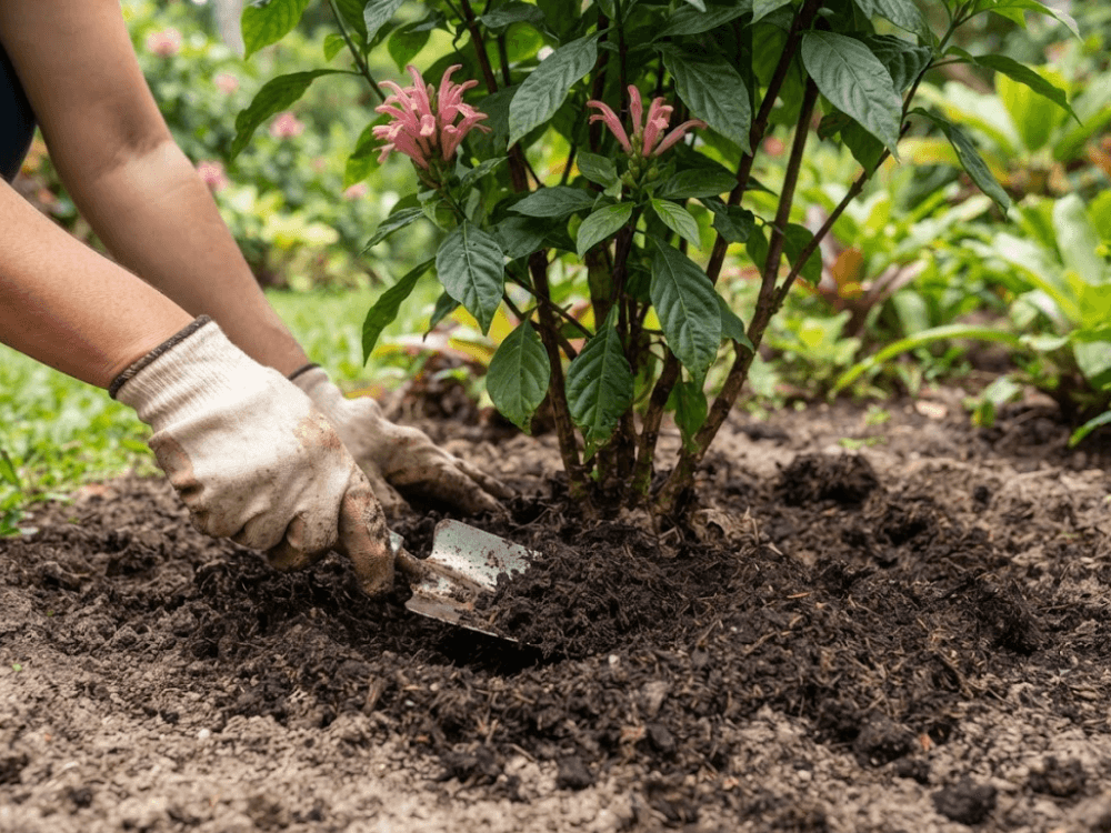 Composto orgânico sendo incorporado ao solo da Justicia carnea