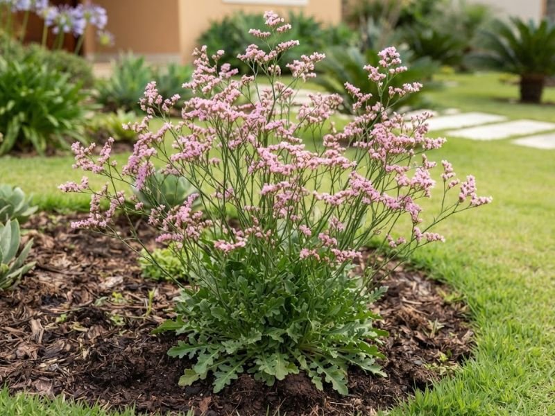 Statice rosa em plena floração com hastes finas e ramificadas no jardim