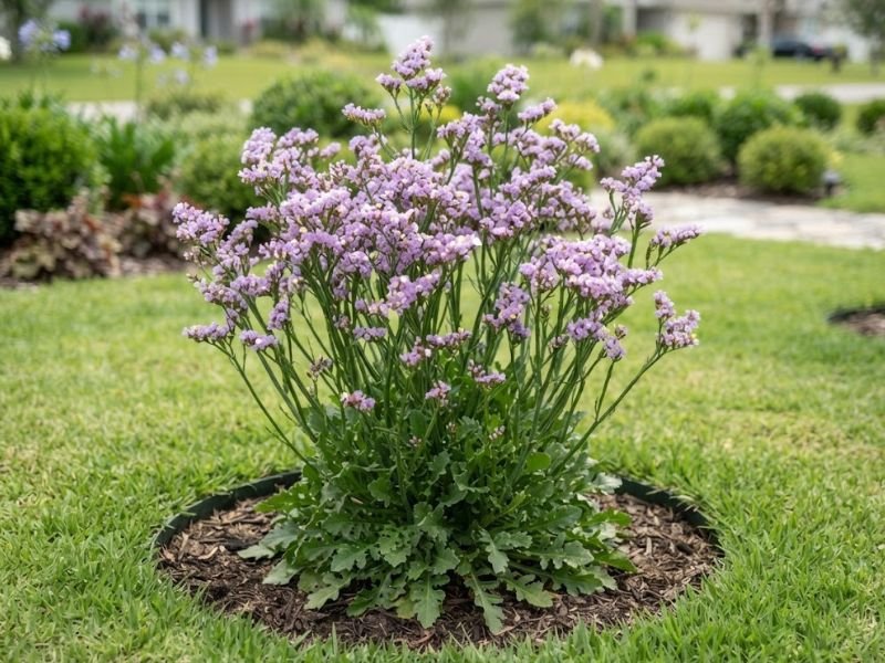 Statice lilás com roseta de folhas verdes e hastes florais ramificadas no jardim