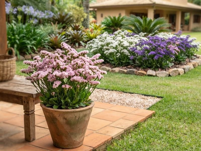 Statice rosa em vaso com statices brancas e roxas cultivadas em canteiro ao fundo