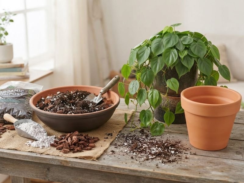 Substrato leve e drenável sendo preparado para plantar filodendro coração