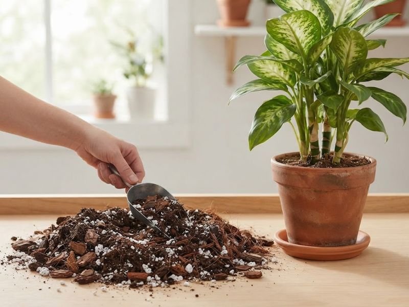 Mistura de substrato com matéria orgânica, casca de pinus e perlita para Dieffenbachia