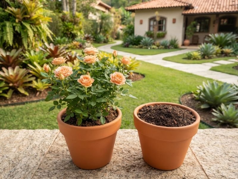 Mini rosa pêssego em vaso ao lado de recipiente com substrato leve e drenante.