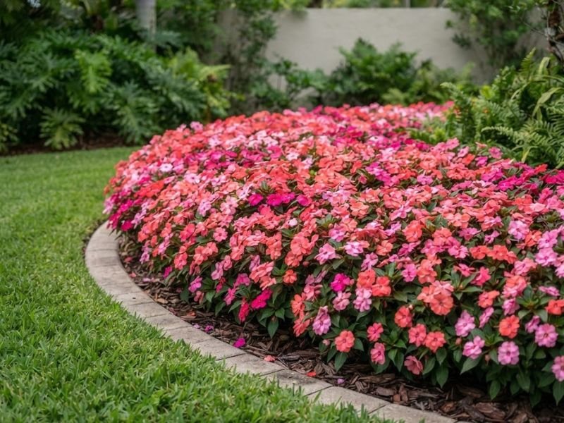 SunPatiens rosas e corais formando grande maciço florido no jardim