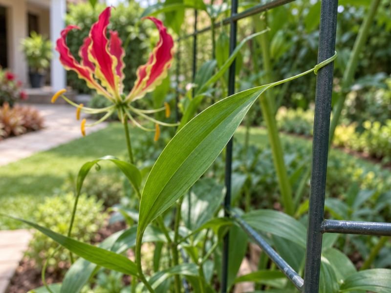 Gavinha da gloriosa presa a uma treliça metálica ao lado de uma flor aberta