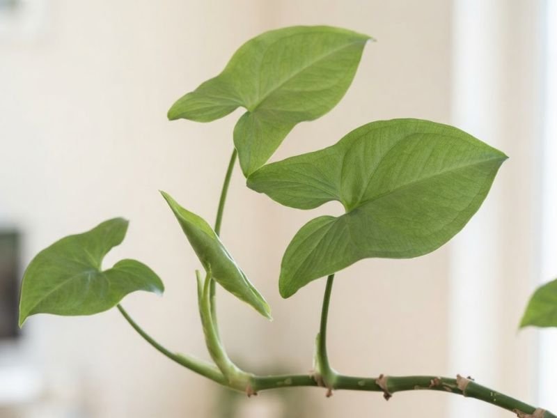 Folhas verdes de Syngonium podophyllum e caule com nós visíveis