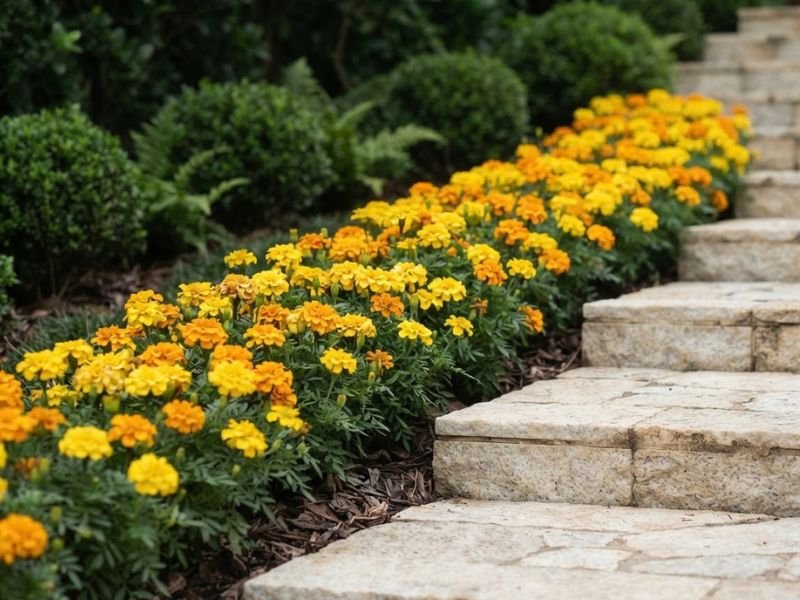 Tagetes amarelos e alaranjados formando bordadura junto a uma escada de pedra