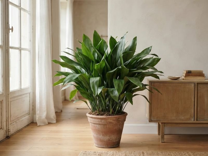 Aspidistra adulta formando touceira grande em vaso no piso