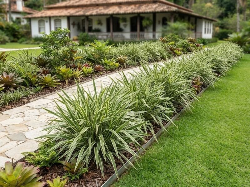 Bordadura com várias touceiras adultas de dianela variegata mostrando o porte da planta no jardim.