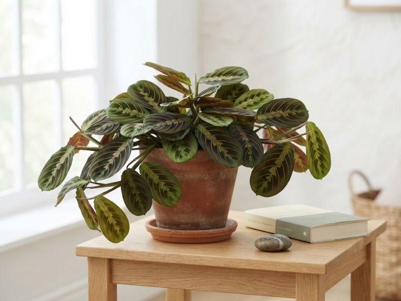 Maranta leuconeura adulta formando touceira compacta e baixa em vaso