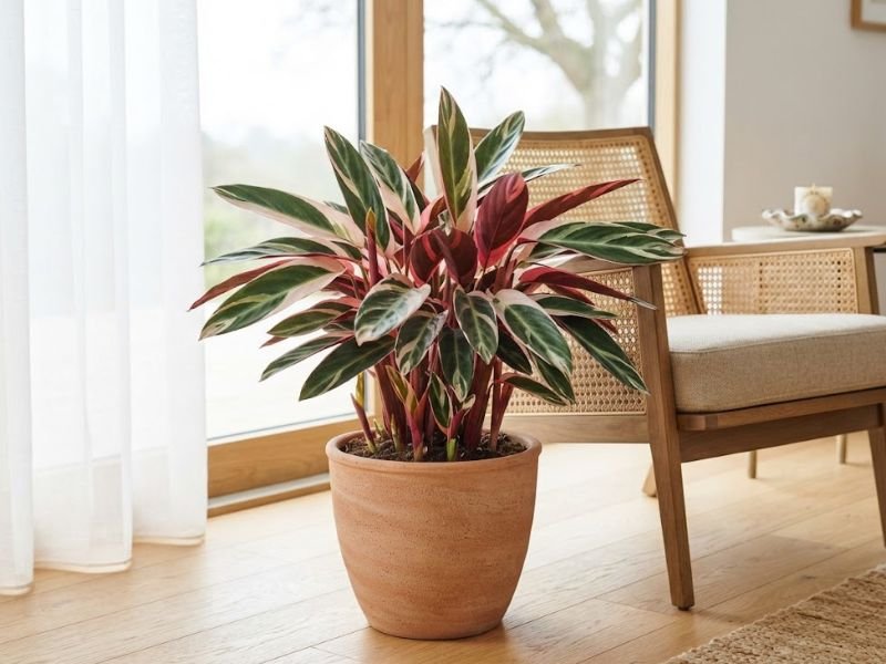 Maranta tricolor adulta formando touceira cheia e de porte médio em vaso