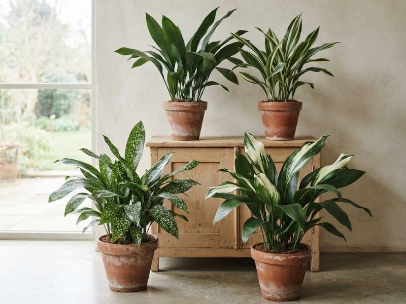 Aspidistras verde, listrada, pintada e variegada cultivadas em vasos
