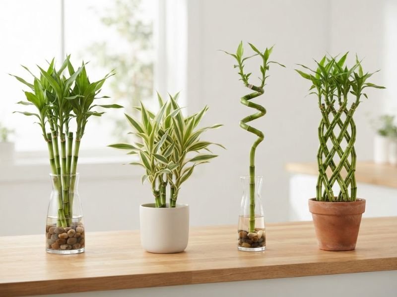 Bambu da sorte reto, variegado, espiralado e trançado em diferentes vasos