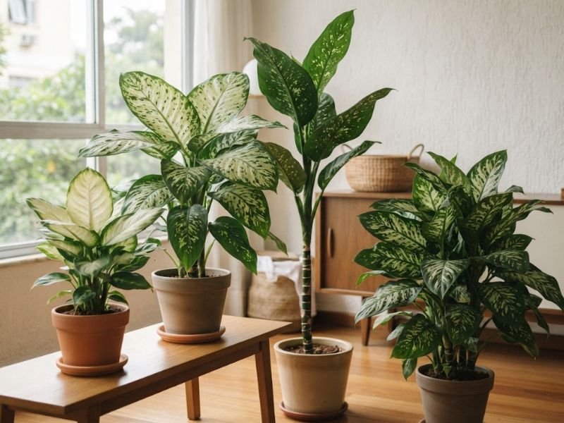 Diferentes tipos de comigo ninguém pode com folhas verdes, creme e variegadas