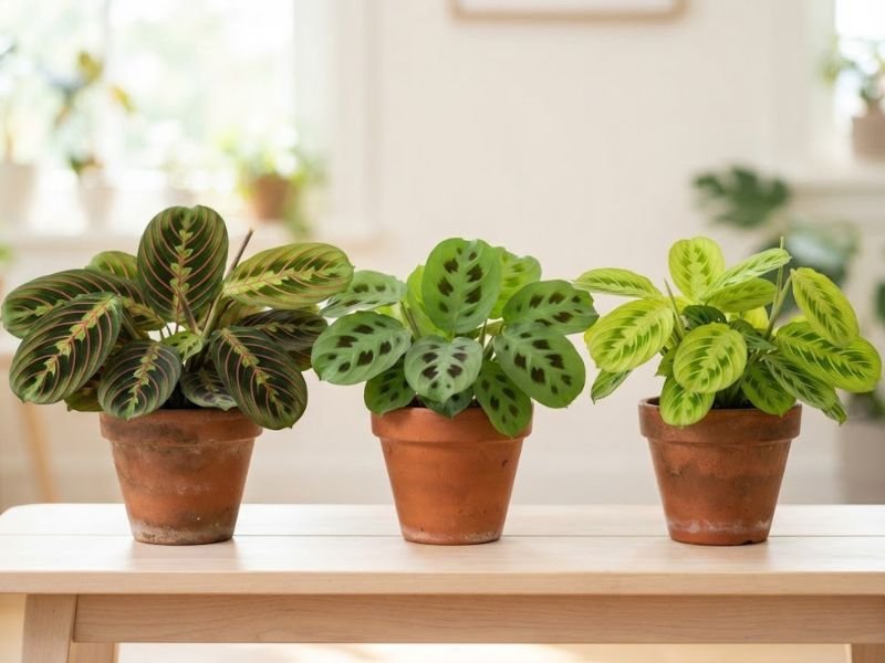 Diferentes tipos de maranta leuconeura com padrões variados nas folhas