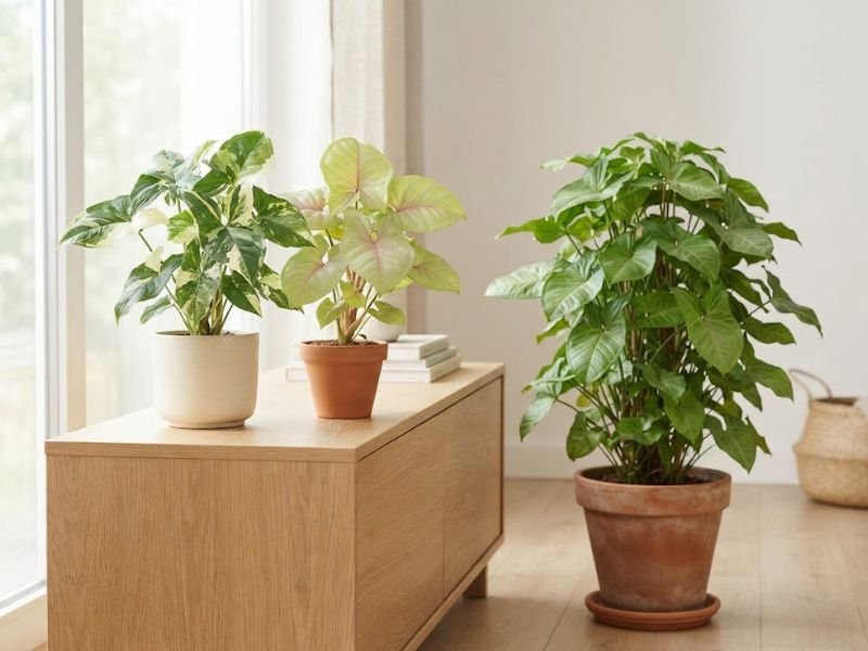 Singônios verde, rosa e variegado cultivados em vasos dentro de casa