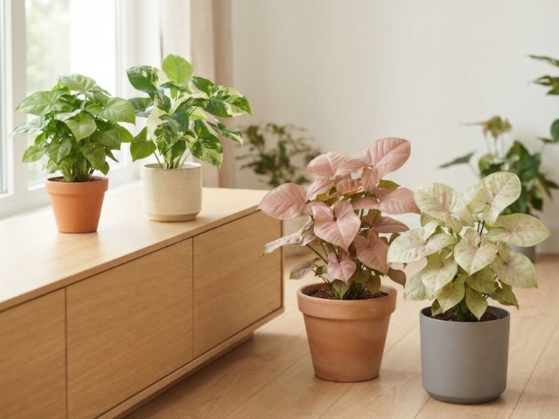 Diferentes tipos de singônio verde, variegado, rosa e de folhas claras